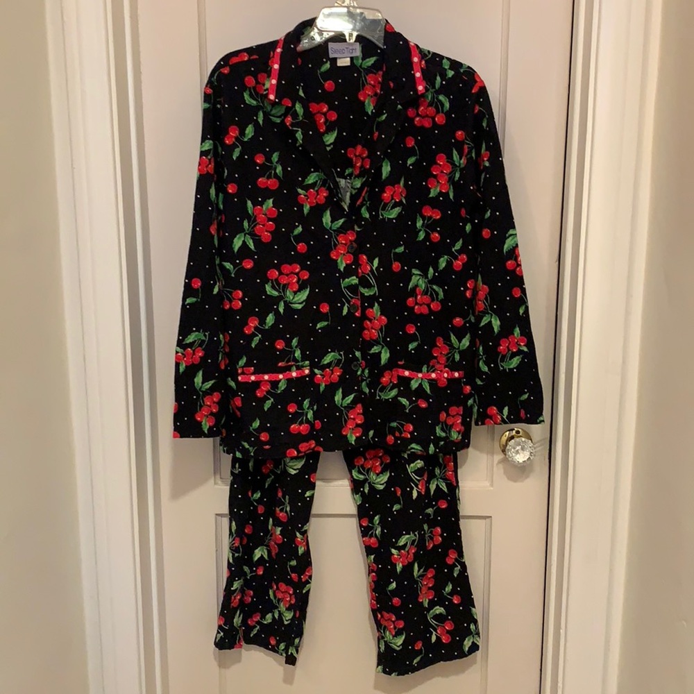 RETRO VINTAGE SLEEP TIGHT CHERRIES PRINT COTTON PAJAMAS SET ROCKABILLY CHERRY